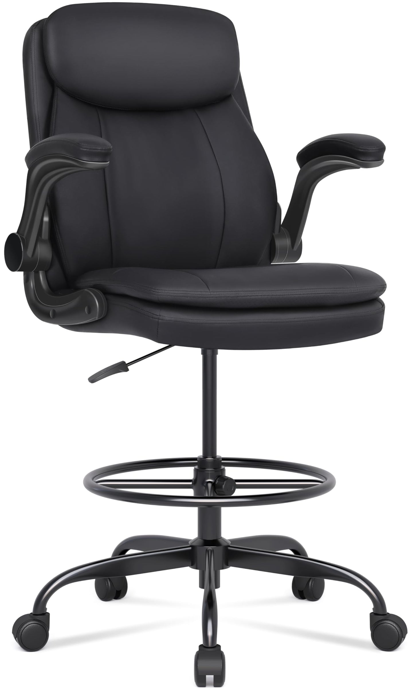 Drafting Chair Tall Office Chair with Flip-up Armrests Executive Ergonomic Computer Standing Desk Chair with Lumbar Support and Adjustable Footrest Ring (Black)