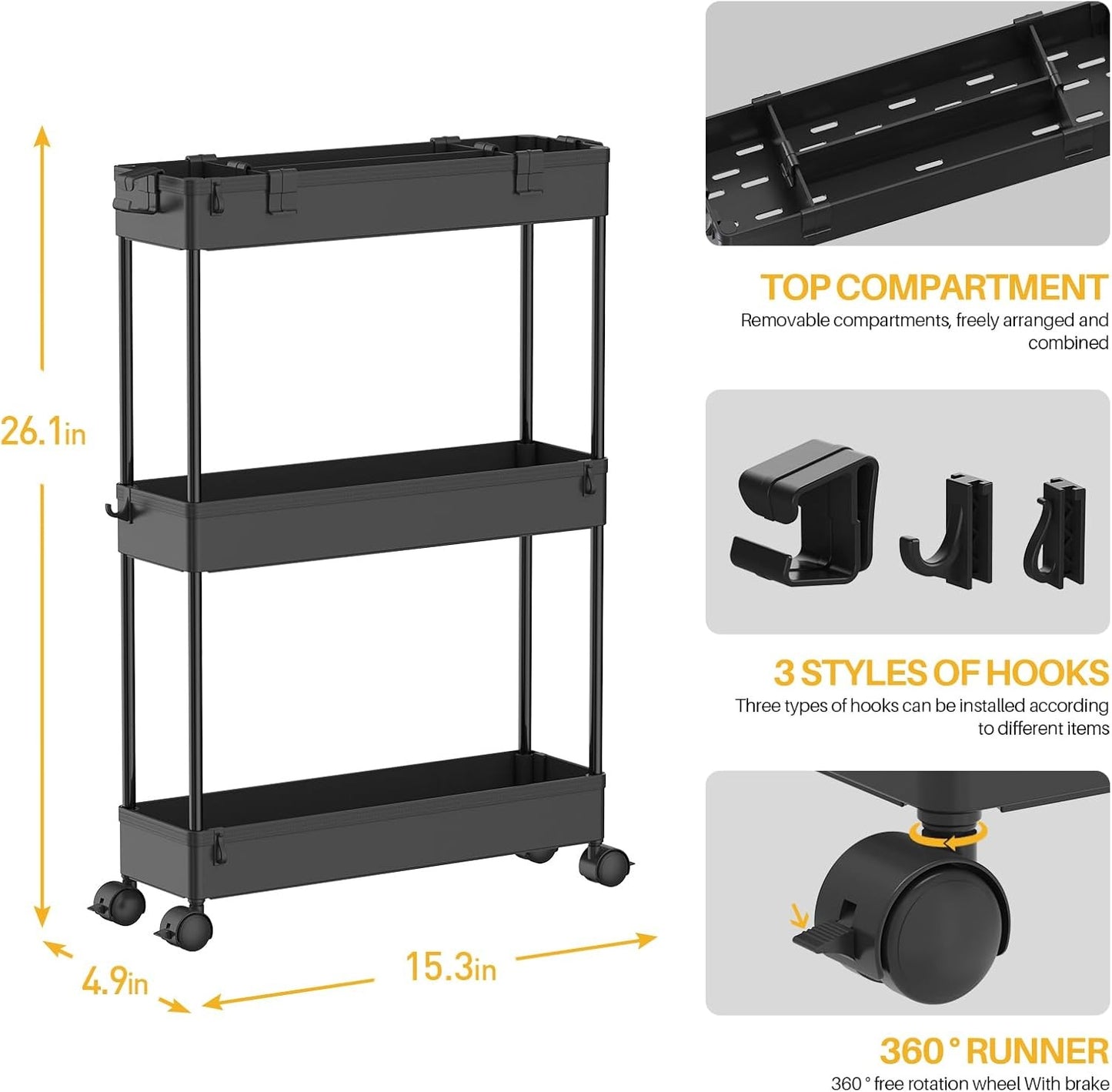 Slim Storage Cart 3 Tier,Bathroom Organizer Rolling Utility,Mobile Shelving Unit Slide Out for Office, Kitchen, Laundry Room & Narrow Places,Black