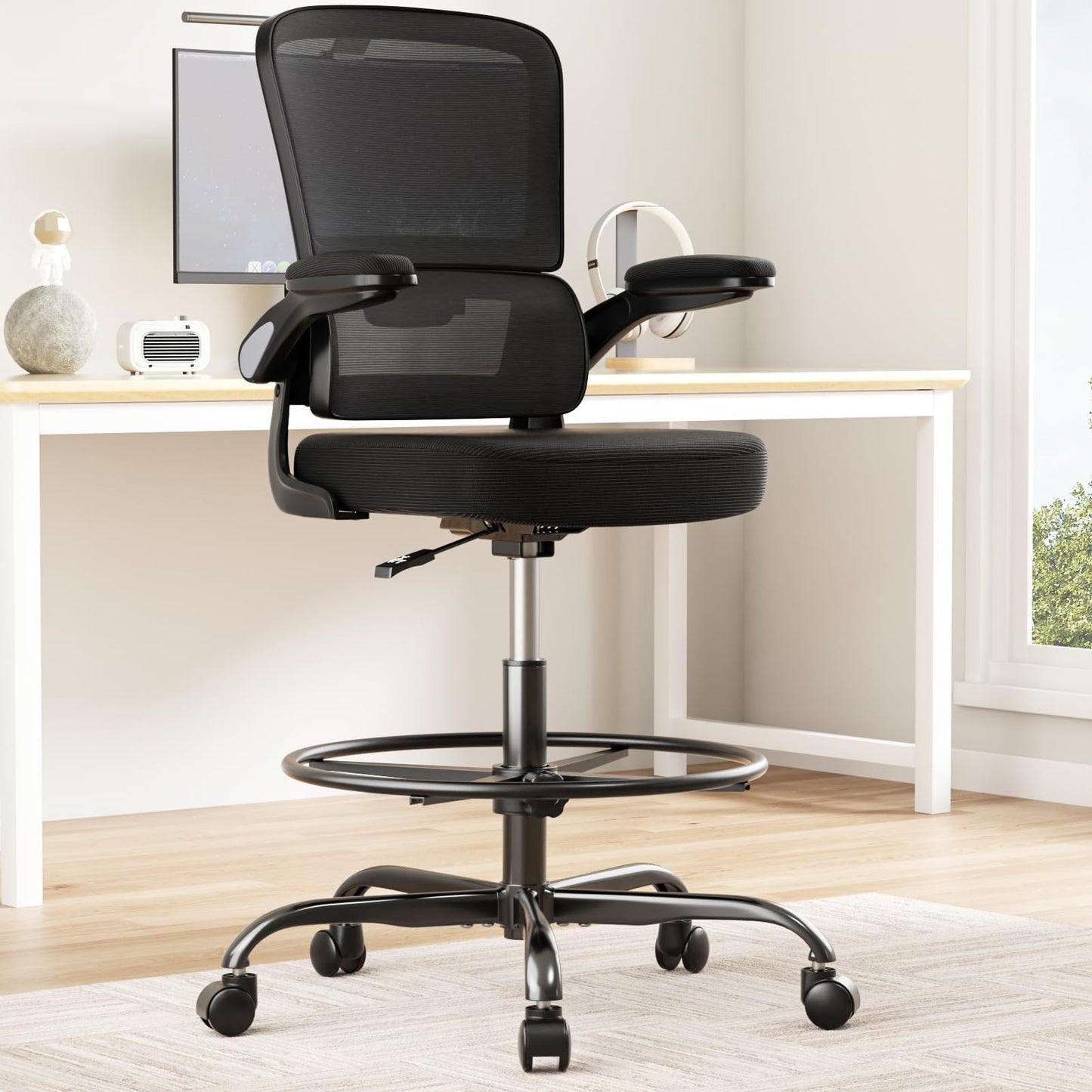 Drafting Chair Tall Office Chair with Flip-up Armrests Executive Ergonomic Computer Standing Desk Chair with Lumbar Support and Adjustable Footrest Ring (Black)