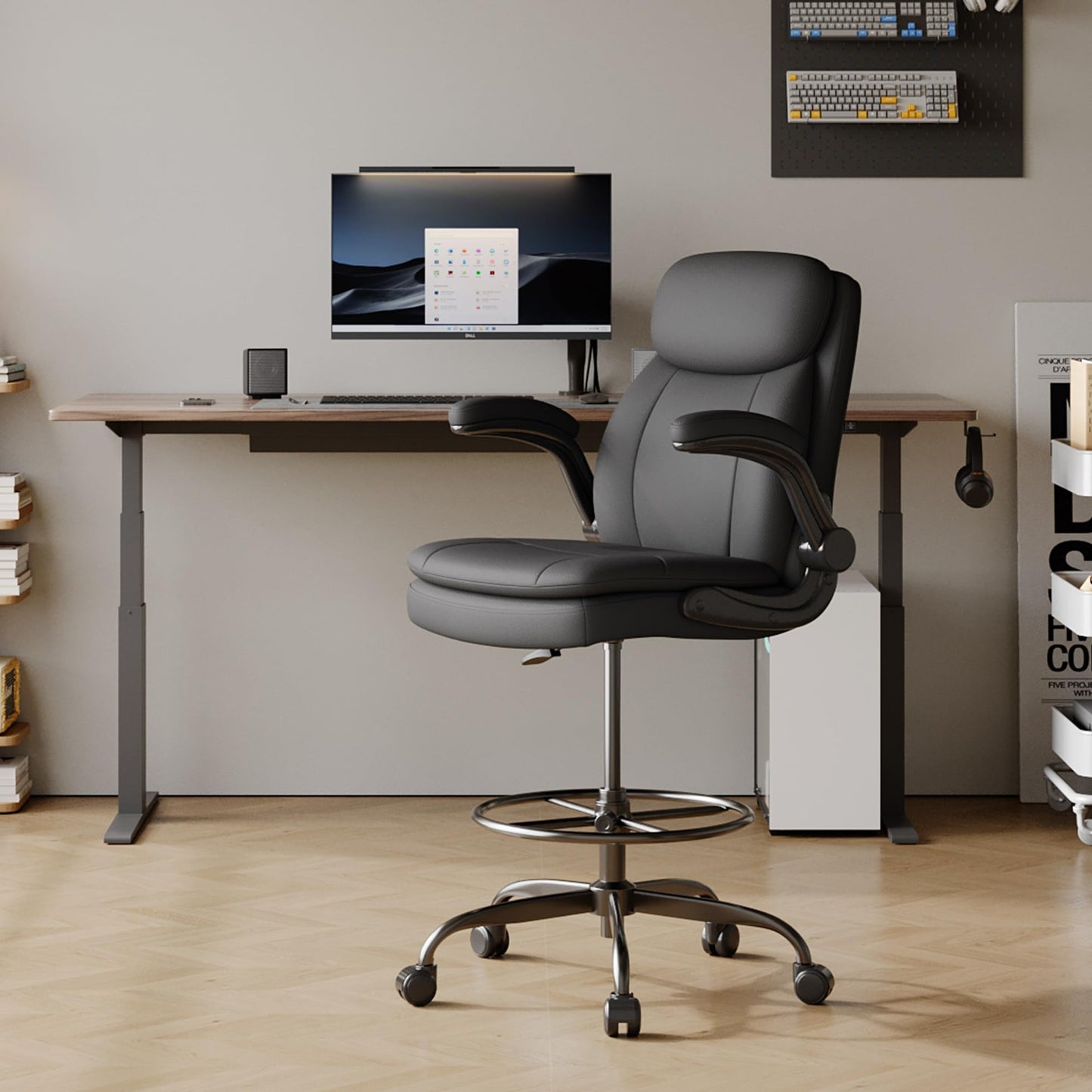 Drafting Chair Tall Office Chair with Flip-up Armrests Executive Ergonomic Computer Standing Desk Chair with Lumbar Support and Adjustable Footrest Ring (Black)