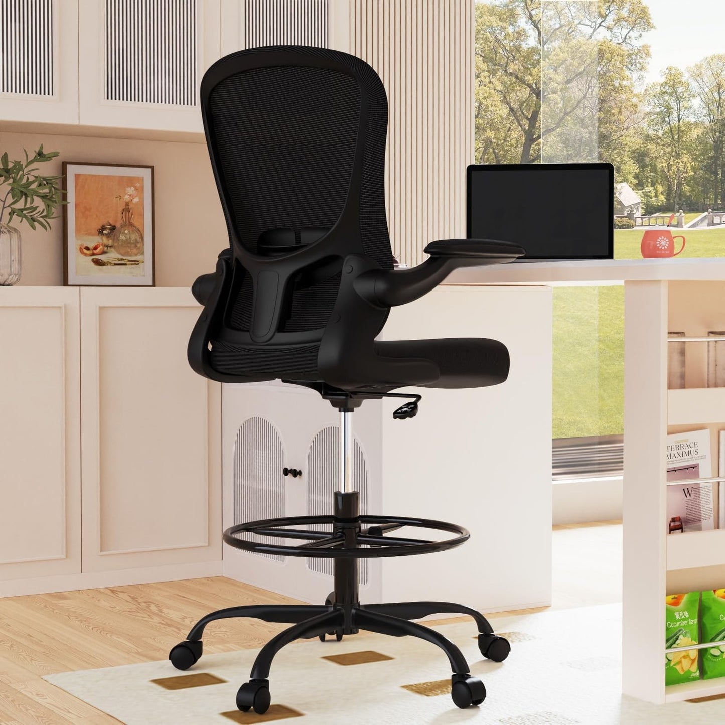 Drafting Chair Tall Office Chair with Flip-up Armrests Executive Ergonomic Computer Standing Desk Chair with Lumbar Support and Adjustable Footrest Ring (Black)