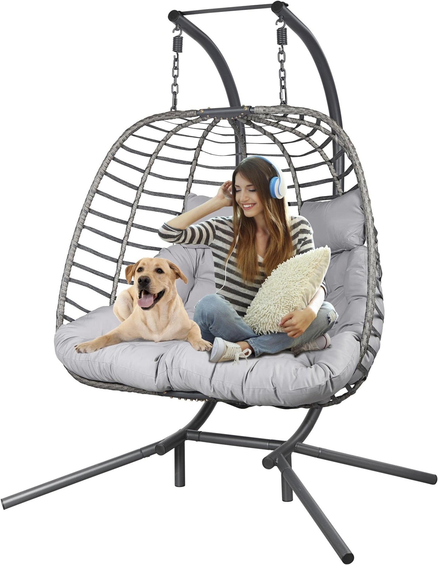 2 Person Double Egg Swing Chair with Stand Indoor Outdoor, Hammock Swing Chair Foldable Hanging Chair, Patio Wicker Hanging Egg Chair w/Cushion 700LBS Capacity for Bedroom, Balcony, Garden, Blue