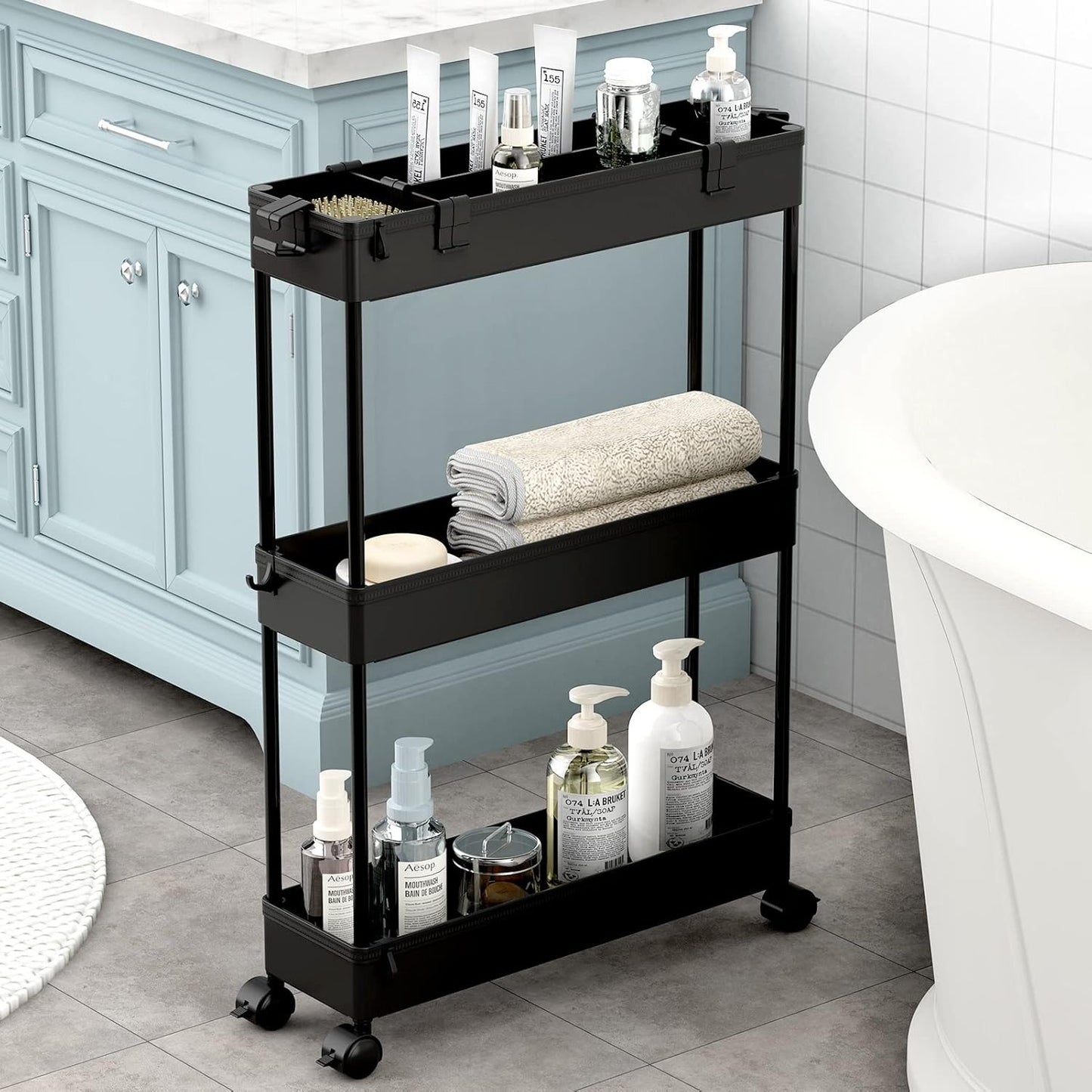 Slim Storage Cart 3 Tier,Bathroom Organizer Rolling Utility,Mobile Shelving Unit Slide Out for Office, Kitchen, Laundry Room & Narrow Places,Black