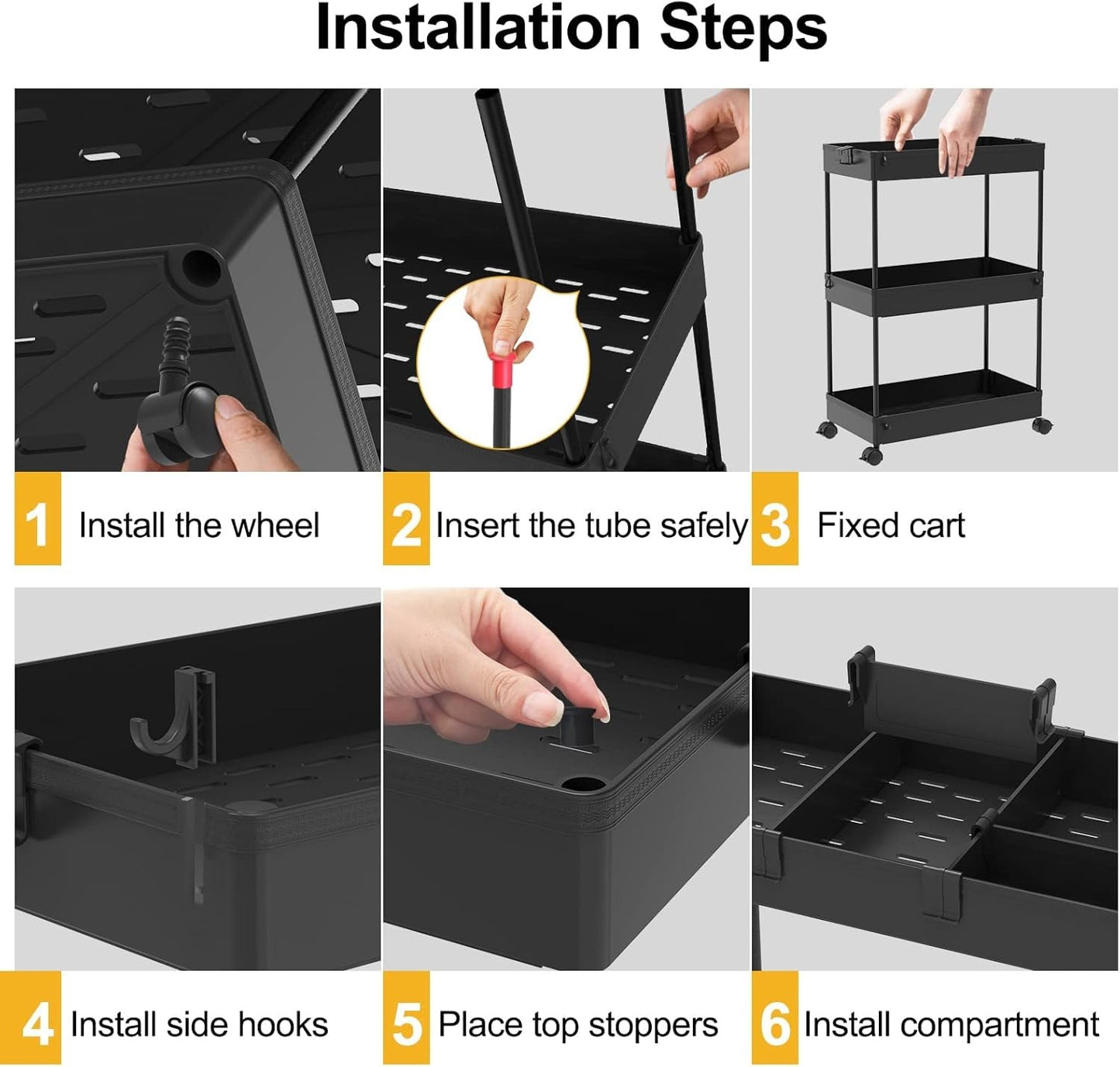 Slim Storage Cart 3 Tier,Bathroom Organizer Rolling Utility,Mobile Shelving Unit Slide Out for Office, Kitchen, Laundry Room & Narrow Places,Black