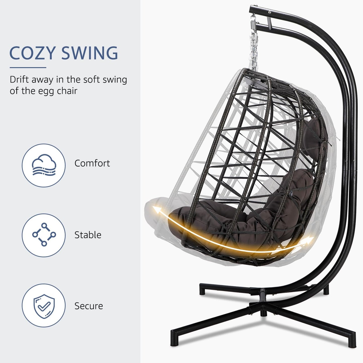 2 Person Double Egg Swing Chair with Stand Indoor Outdoor, Hammock Swing Chair Foldable Hanging Chair, Patio Wicker Hanging Egg Chair w/Cushion 700LBS Capacity for Bedroom, Balcony, Garden, Blue