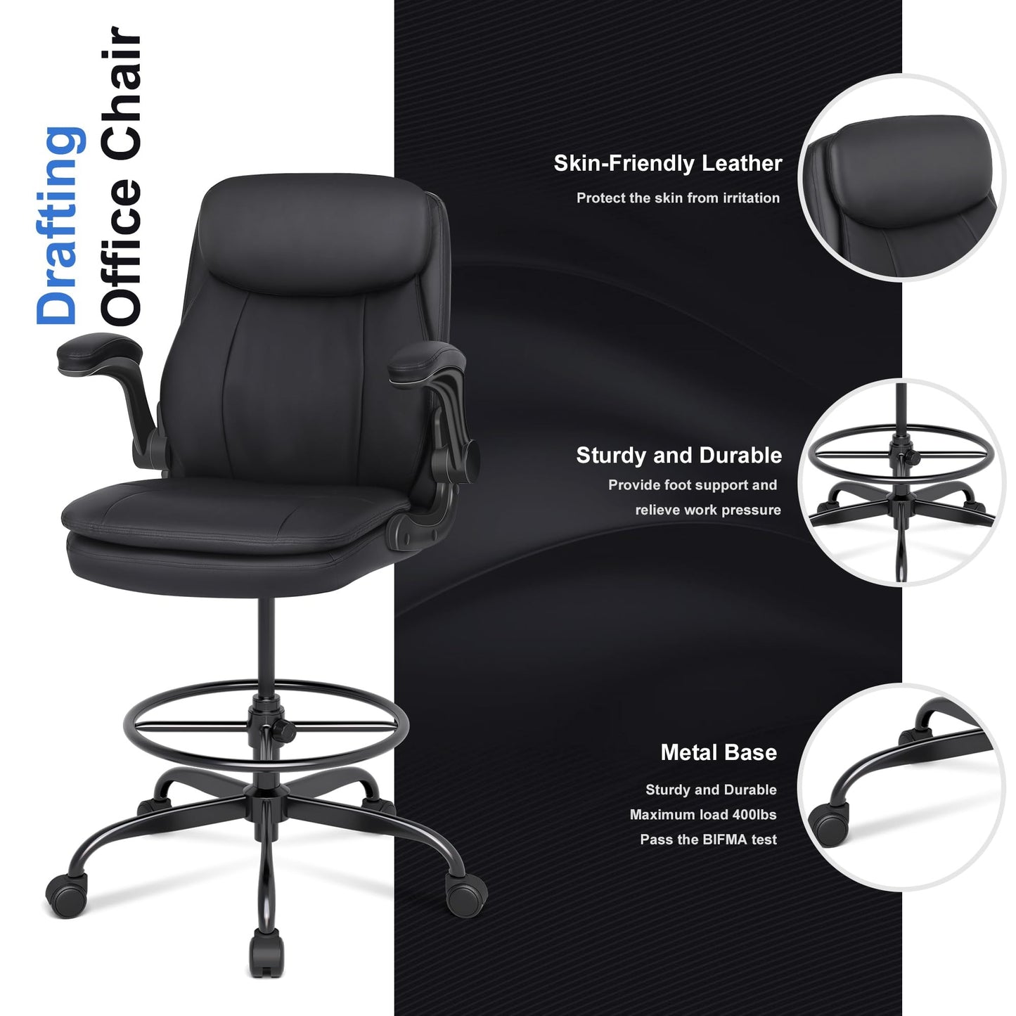 Drafting Chair Tall Office Chair with Flip-up Armrests Executive Ergonomic Computer Standing Desk Chair with Lumbar Support and Adjustable Footrest Ring (Black)