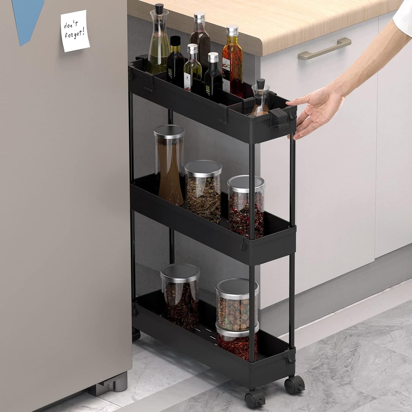 Slim Storage Cart 3 Tier,Bathroom Organizer Rolling Utility,Mobile Shelving Unit Slide Out for Office, Kitchen, Laundry Room & Narrow Places,Black