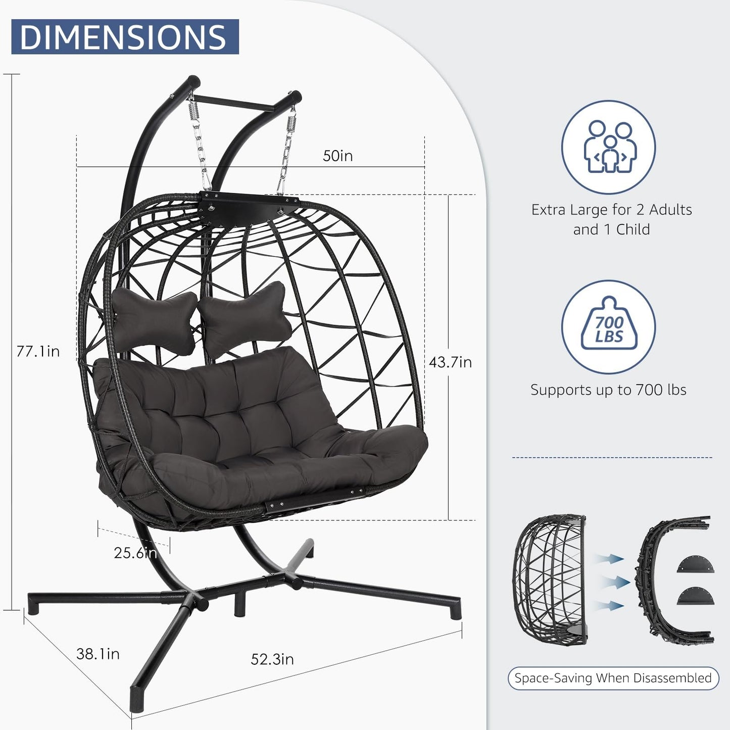 2 Person Double Egg Swing Chair with Stand Indoor Outdoor, Hammock Swing Chair Foldable Hanging Chair, Patio Wicker Hanging Egg Chair w/Cushion 700LBS Capacity for Bedroom, Balcony, Garden, Blue