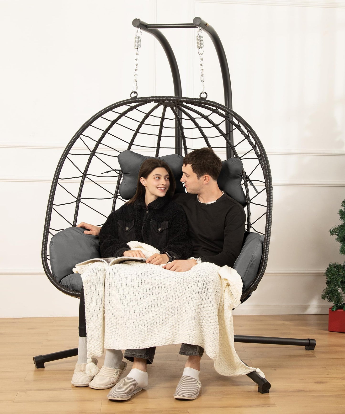 2 Person Double Egg Swing Chair with Stand Indoor Outdoor, Hammock Swing Chair Foldable Hanging Chair, Patio Wicker Hanging Egg Chair w/Cushion 700LBS Capacity for Bedroom, Balcony, Garden, Blue
