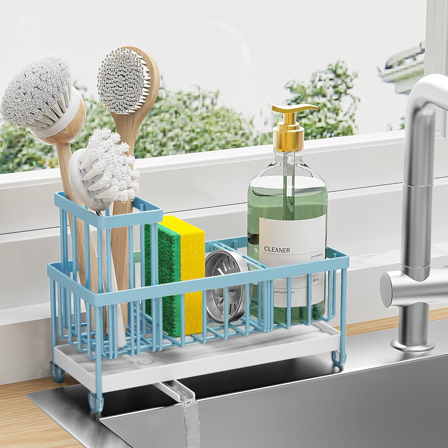 Cisily Black Sponge Holder for Kitchen Sink, Sink Caddy Organizer with High Brush Holder, Kitchen Countertop Organizers and Storage Essentials, Rustproof 304 Stainless Steel, Soap Dispenser Organize
