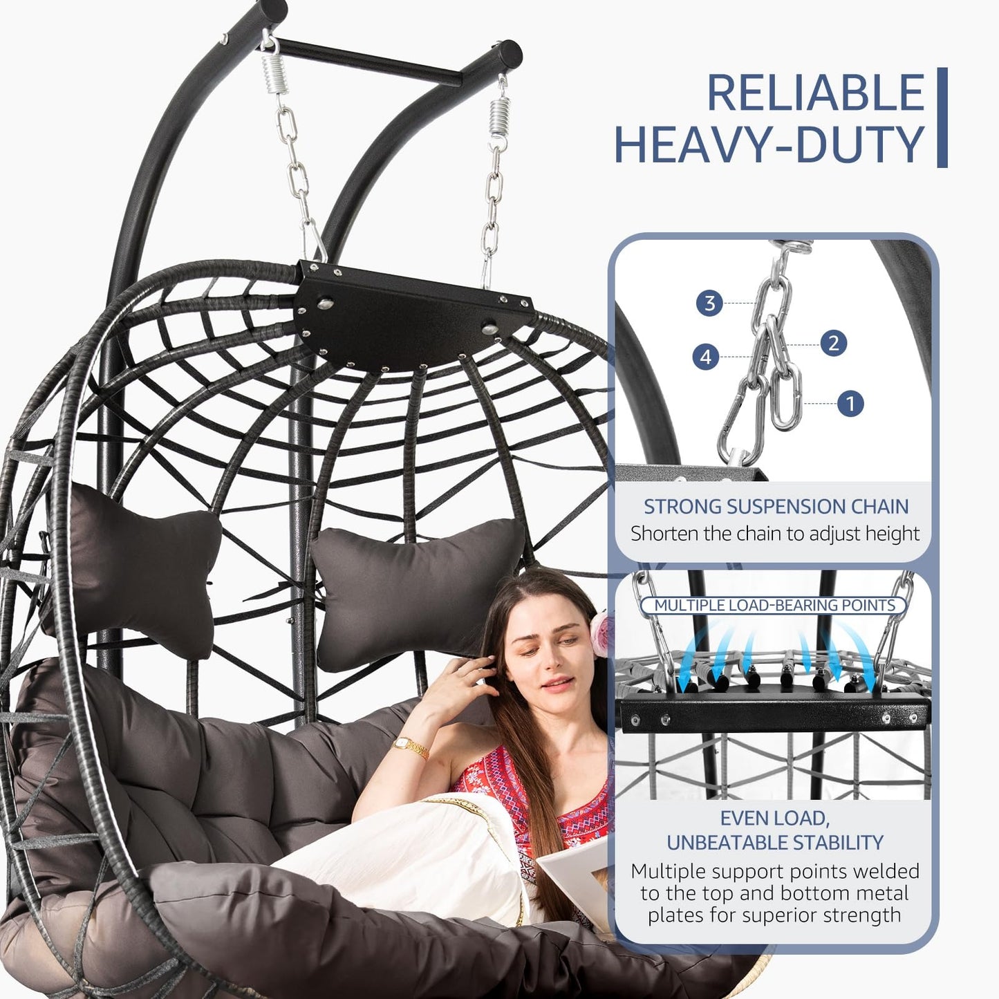 2 Person Double Egg Swing Chair with Stand Indoor Outdoor, Hammock Swing Chair Foldable Hanging Chair, Patio Wicker Hanging Egg Chair w/Cushion 700LBS Capacity for Bedroom, Balcony, Garden, Blue