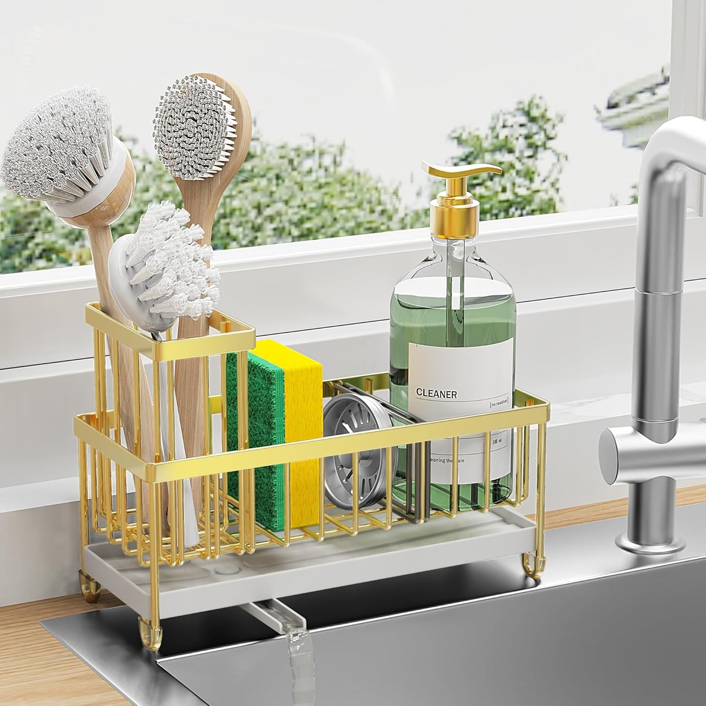 Cisily Black Sponge Holder for Kitchen Sink, Sink Caddy Organizer with High Brush Holder, Kitchen Countertop Organizers and Storage Essentials, Rustproof 304 Stainless Steel, Soap Dispenser Organize