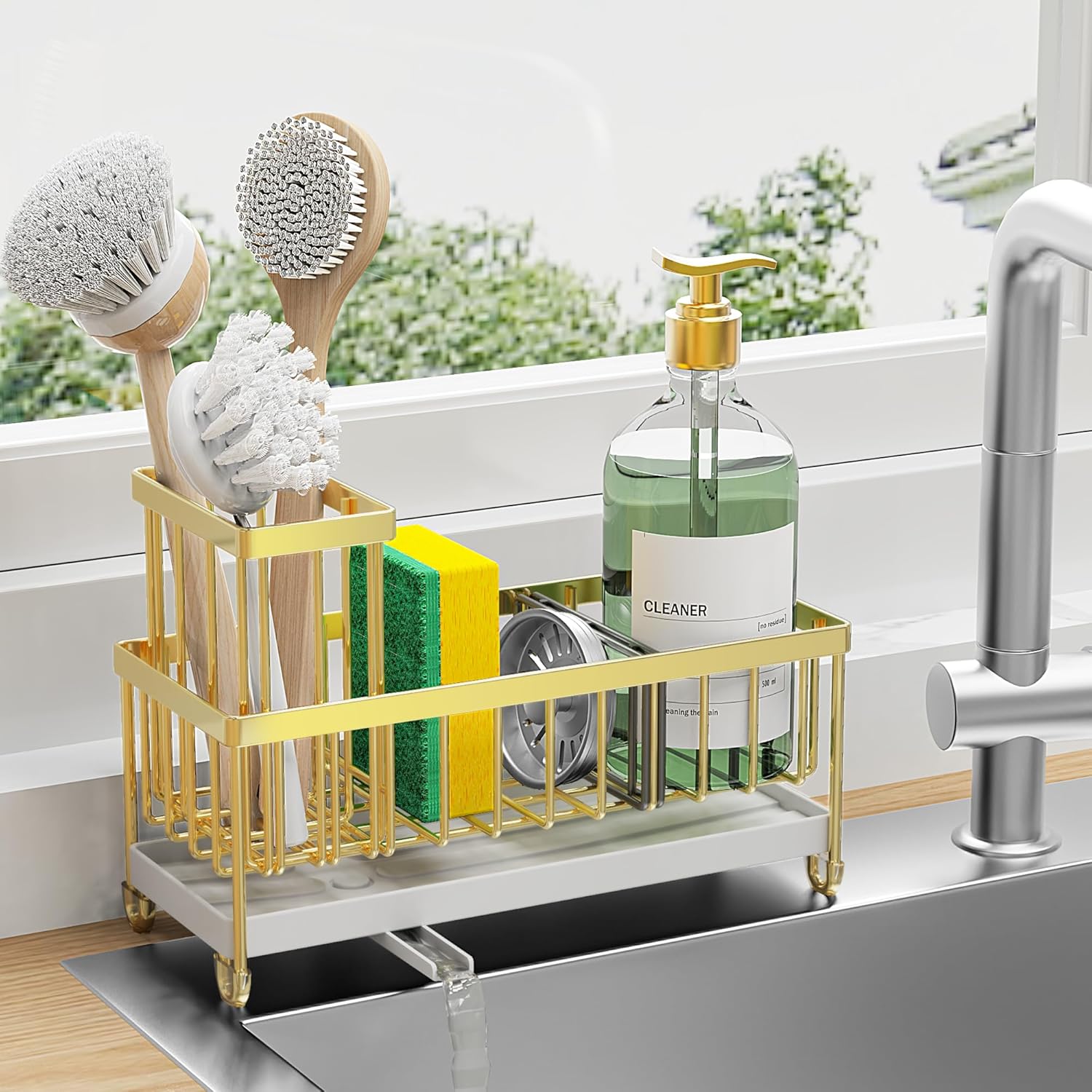 Cisily Black Sponge Holder for Kitchen Sink, Sink Caddy Organizer with High Brush Holder, Kitchen Countertop Organizers and Storage Essentials, Rustproof 304 Stainless Steel, Soap Dispenser Organize