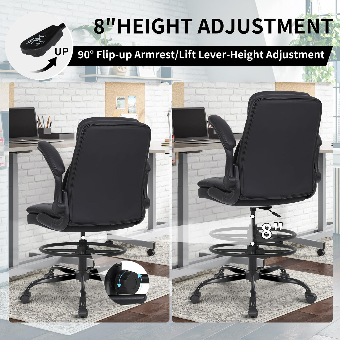 Drafting Chair Tall Office Chair with Flip-up Armrests Executive Ergonomic Computer Standing Desk Chair with Lumbar Support and Adjustable Footrest Ring (Black)