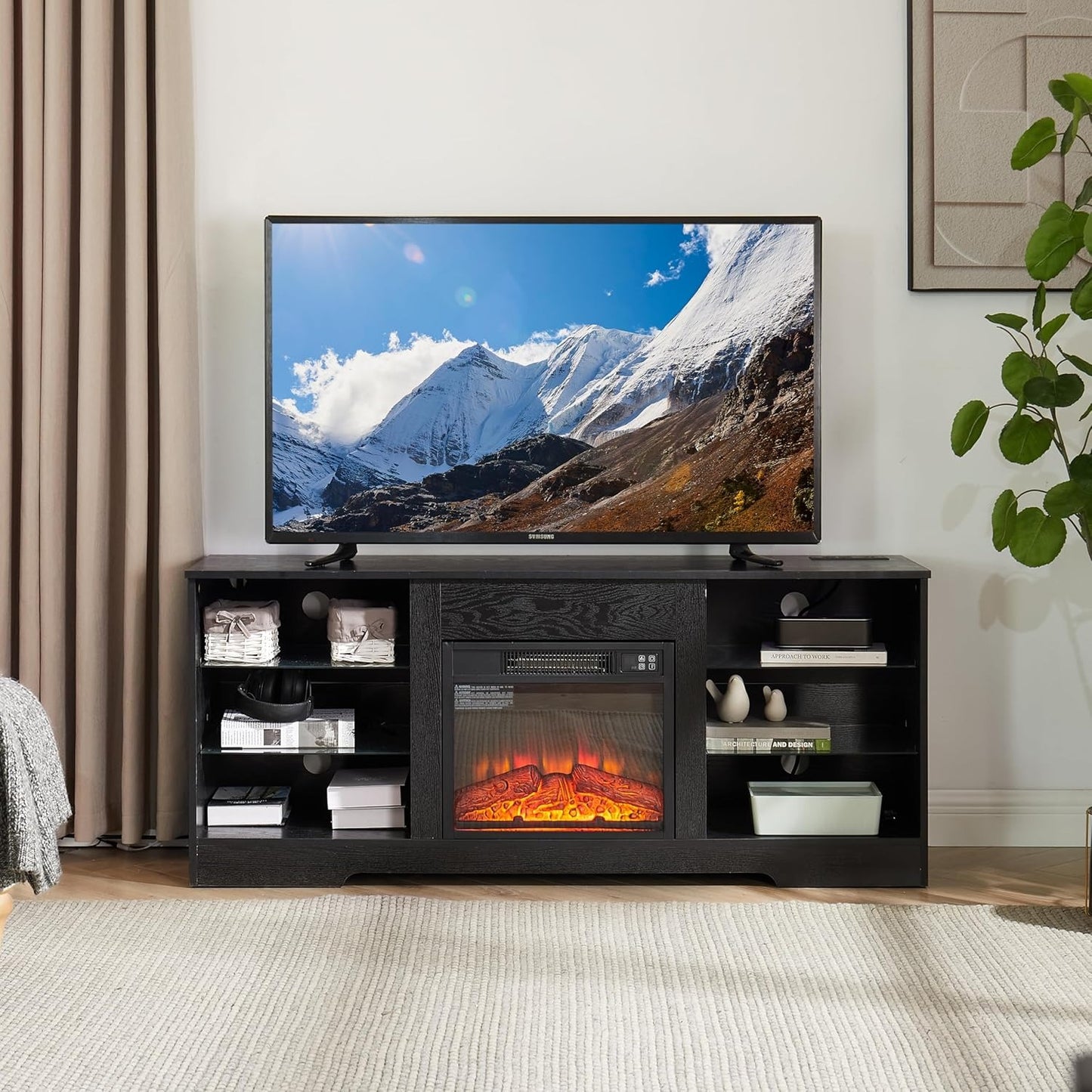 TV Stand Electric Fireplace TV Stand with Glass Shelves, 3D Fireplace TV Stand with LED Lights Wood with USB Charging Outlet Modern Television Table Center for TV up to 32-62" (White)