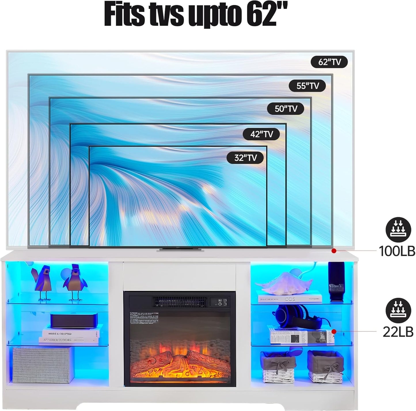 TV Stand Electric Fireplace TV Stand with Glass Shelves, 3D Fireplace TV Stand with LED Lights Wood with USB Charging Outlet Modern Television Table Center for TV up to 32-62" (White)