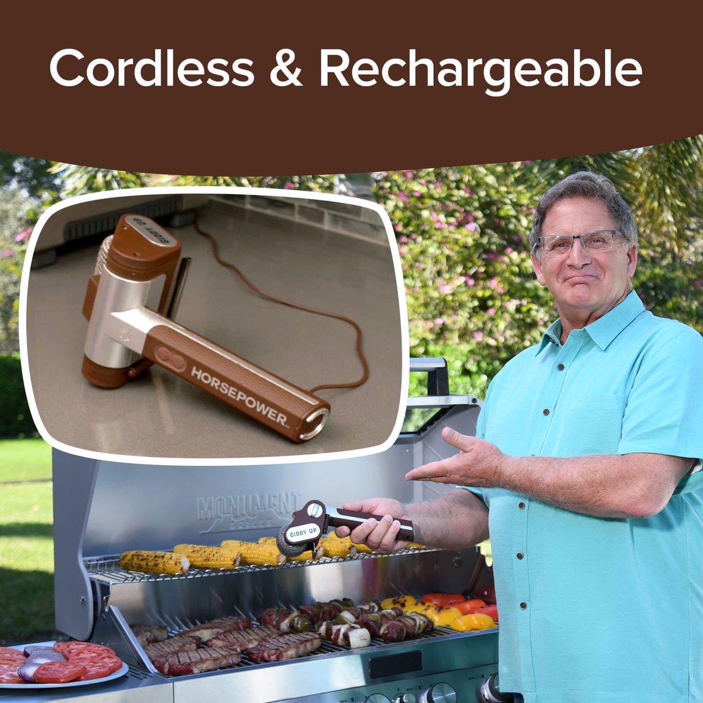 Horsepower Giddy up Grill Cleaner AS-SEEN-ON-TV! – Cordless, Rechargeable BBQ Tool with 350 RPM Stainless Roller, LED Light – Patents Pending – from Bulbhead, a Family-Owned American Brand