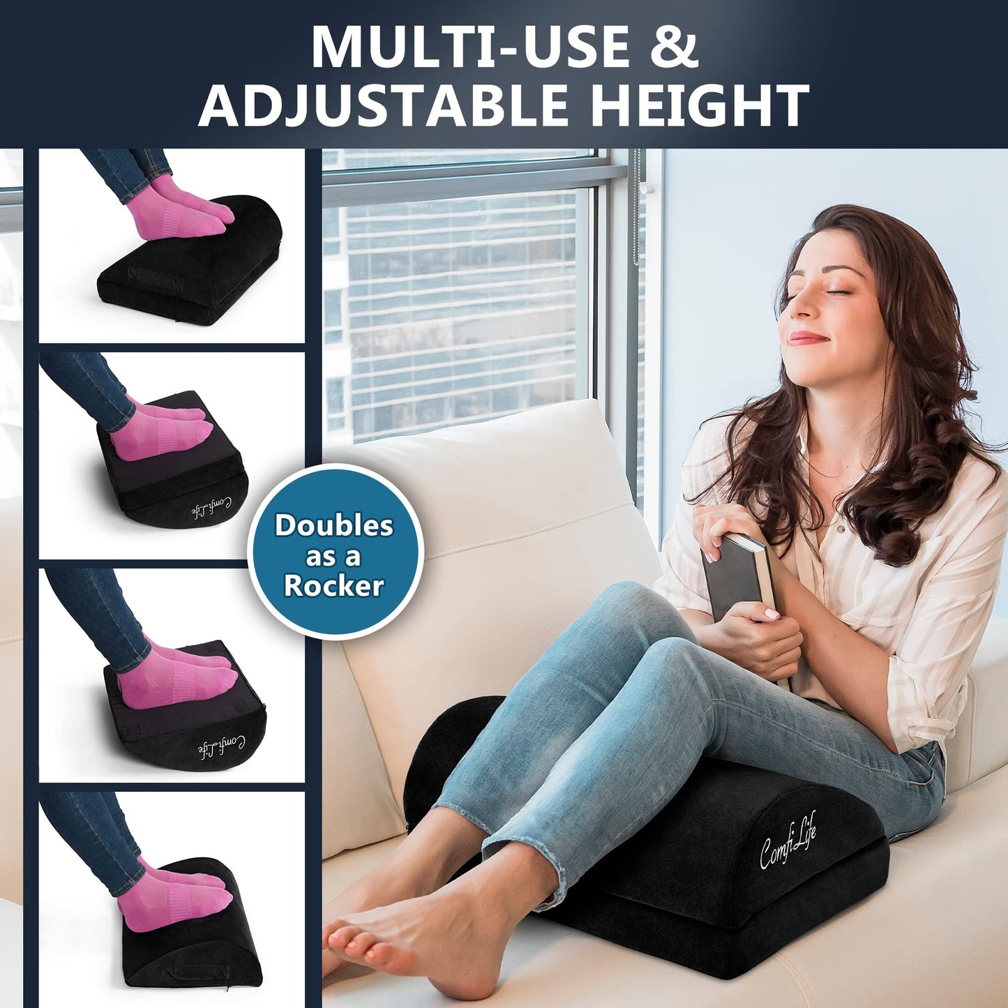 BlissTrends Foot Rest for Under Desk at Work-Versatile Foot Stool with Washable Cover-Comfortable Footrest with 2 Adjustable Heights for Car,Home and Office to Relieve Back,Lumbar,Knee Pain-Black