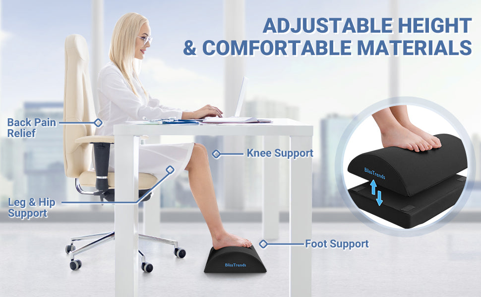 BlissTrends Foot Rest for Under Desk at Work-Versatile Foot Stool with Washable Cover-Comfortable Footrest with 2 Adjustable Heights for Car,Home and Office to Relieve Back,Lumbar,Knee Pain-Black