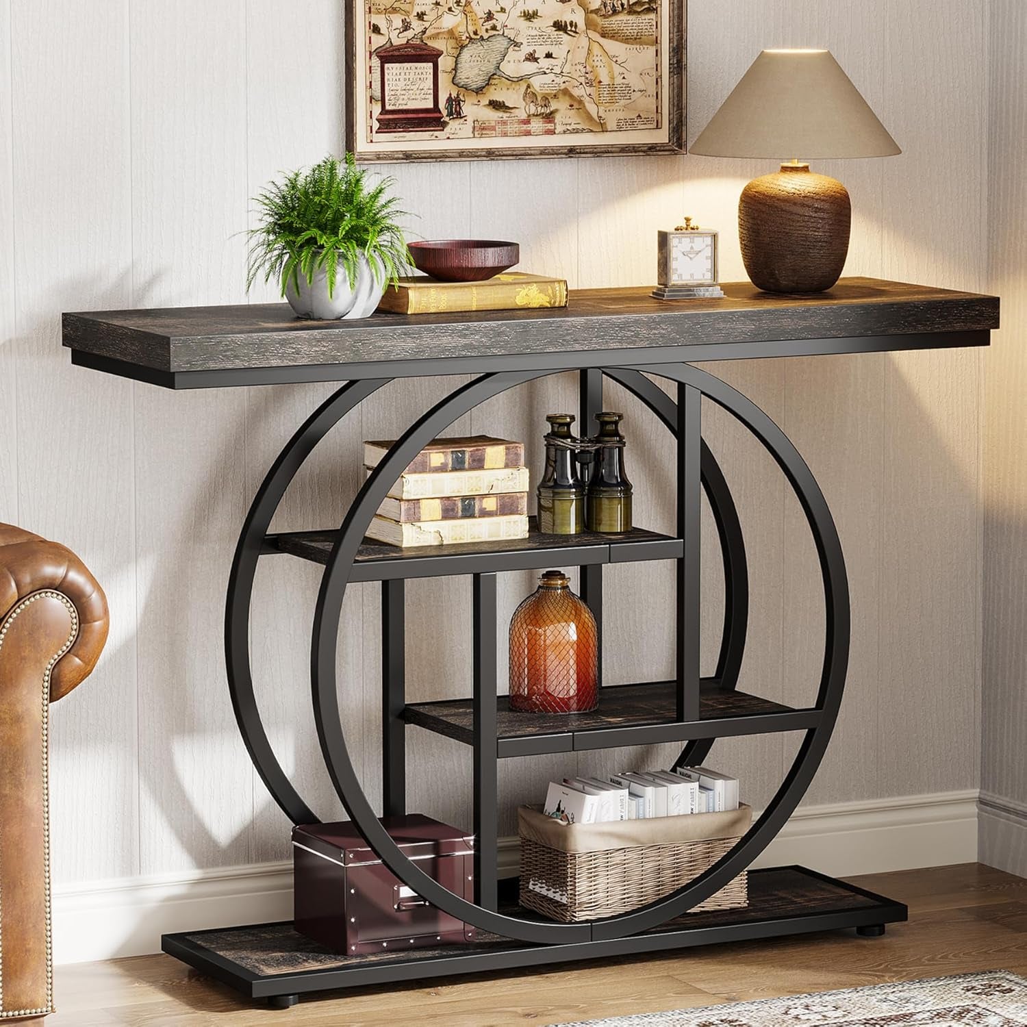 Tribesigns 41.3" Console Table, Industrial 4-Tier Sofa Table Entryway Table with Circle Base, Narrow Wood Accent Tables with Storage Shelves for Living Room, Hallway, Foyer, Rustic Brown