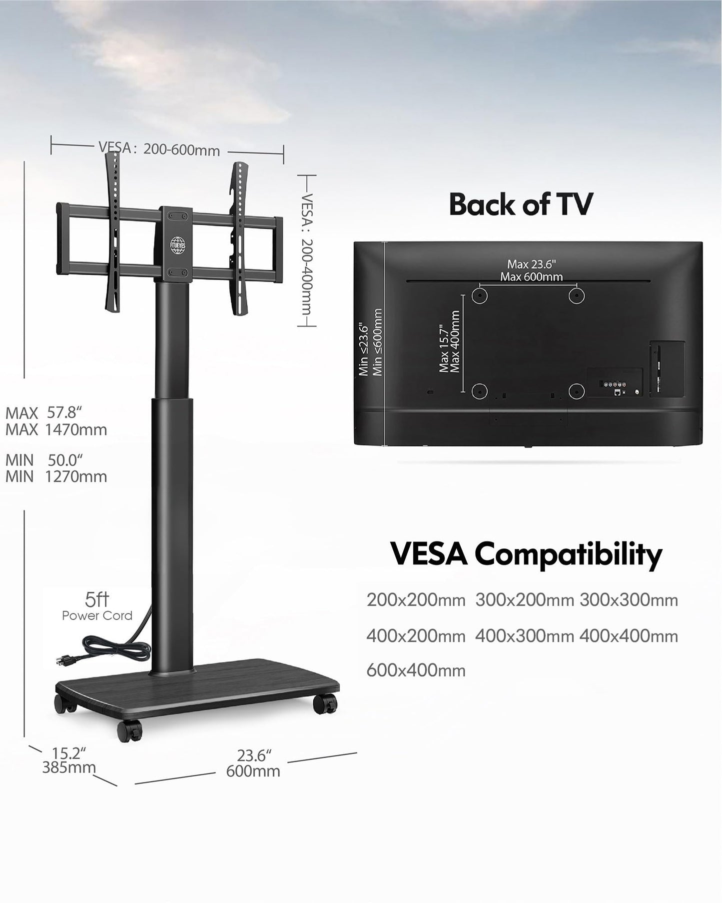 Mobile TV Stand for 23-60 Inch LCD LED Flat/Curved Screen TVs, Tilt TV Cart Holds up to 88Lbs, Portable TV Stand with Laptop Shelf, Rolling TV Floor Stand Max VESA 400x400mm (PSTVMC06)