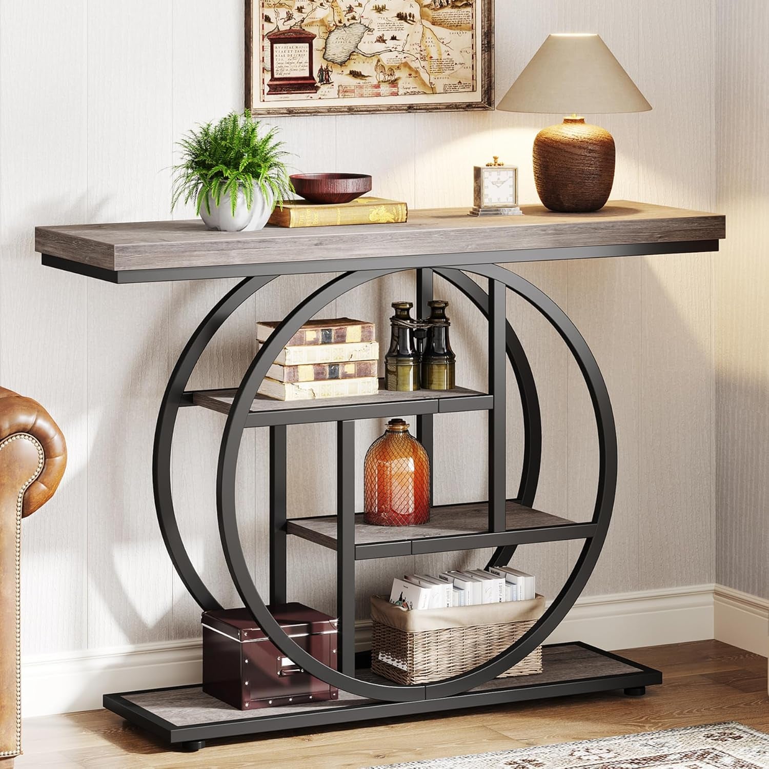 Tribesigns 41.3" Console Table, Industrial 4-Tier Sofa Table Entryway Table with Circle Base, Narrow Wood Accent Tables with Storage Shelves for Living Room, Hallway, Foyer, Rustic Brown