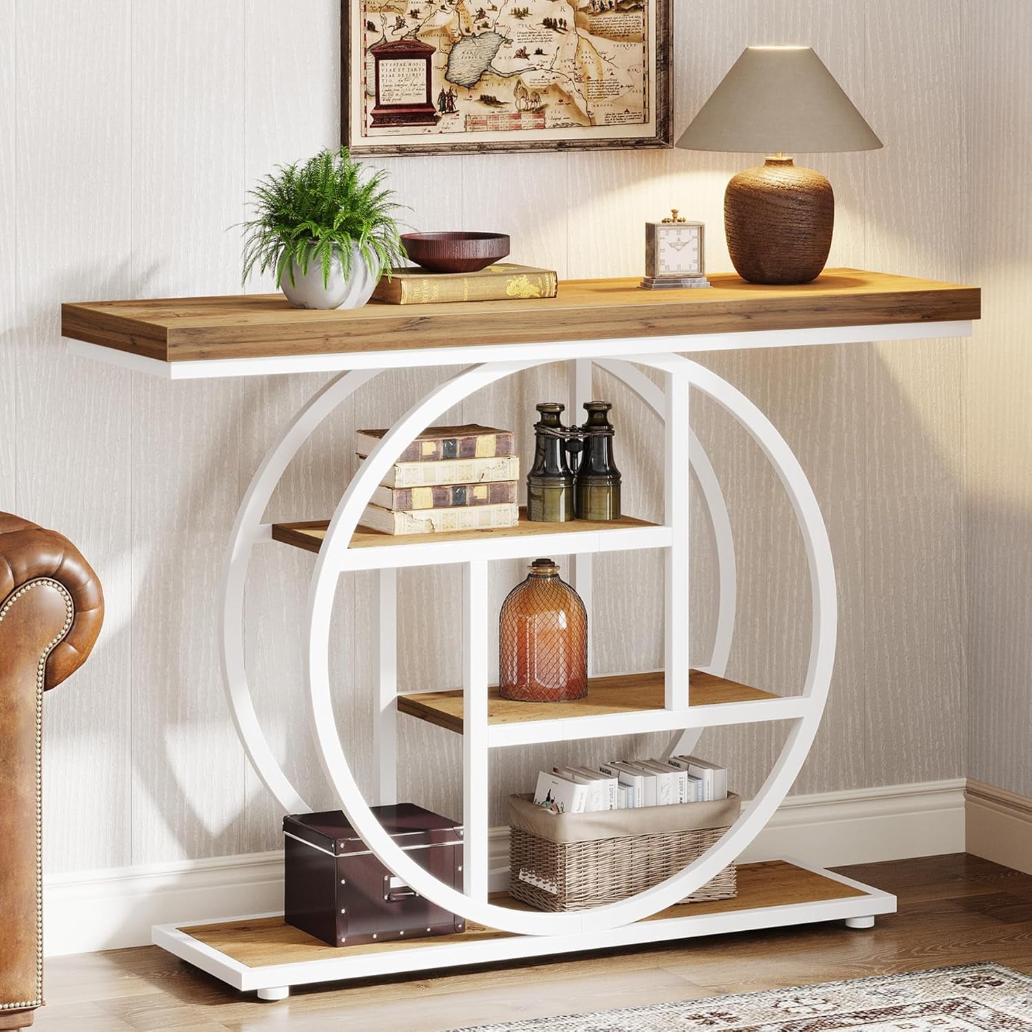 Tribesigns 41.3" Console Table, Industrial 4-Tier Sofa Table Entryway Table with Circle Base, Narrow Wood Accent Tables with Storage Shelves for Living Room, Hallway, Foyer, Rustic Brown