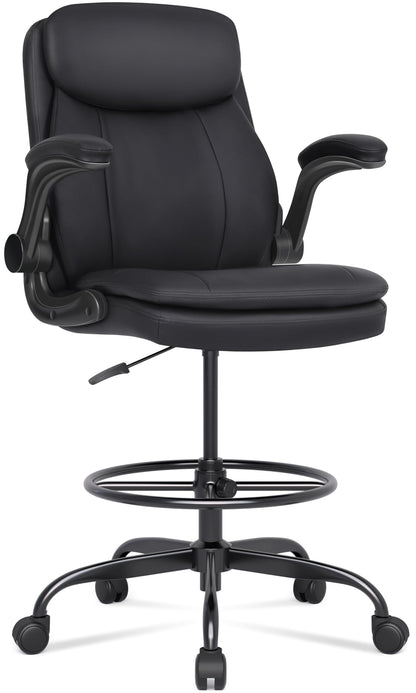 Drafting Chair Tall Office Chair with Flip-up Armrests Executive Ergonomic Computer Standing Desk Chair with Lumbar Support and Adjustable Footrest Ring (Black)