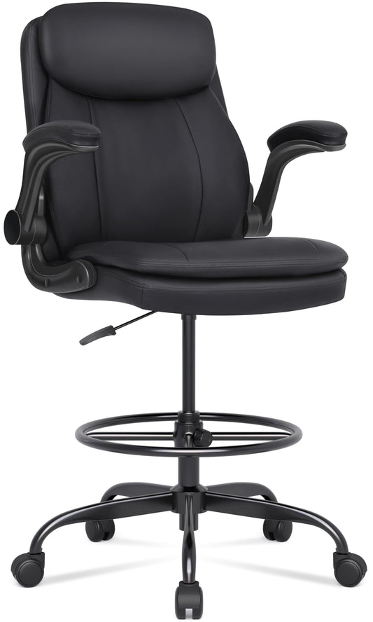 Drafting Chair Tall Office Chair with Flip-up Armrests Executive Ergonomic Computer Standing Desk Chair with Lumbar Support and Adjustable Footrest Ring (Black)