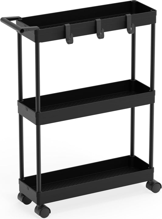 Slim Storage Cart 3 Tier,Bathroom Organizer Rolling Utility,Mobile Shelving Unit Slide Out for Office, Kitchen, Laundry Room & Narrow Places,Black