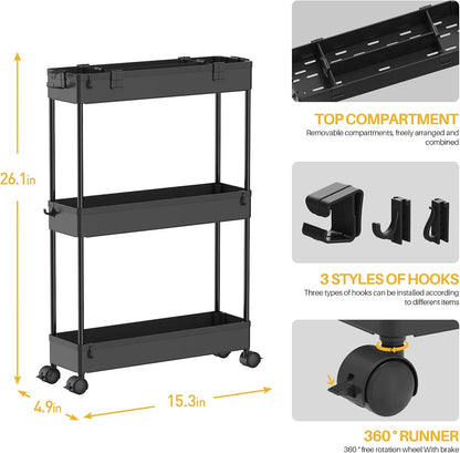 Slim Storage Cart 3 Tier,Bathroom Organizer Rolling Utility,Mobile Shelving Unit Slide Out for Office, Kitchen, Laundry Room & Narrow Places,Black