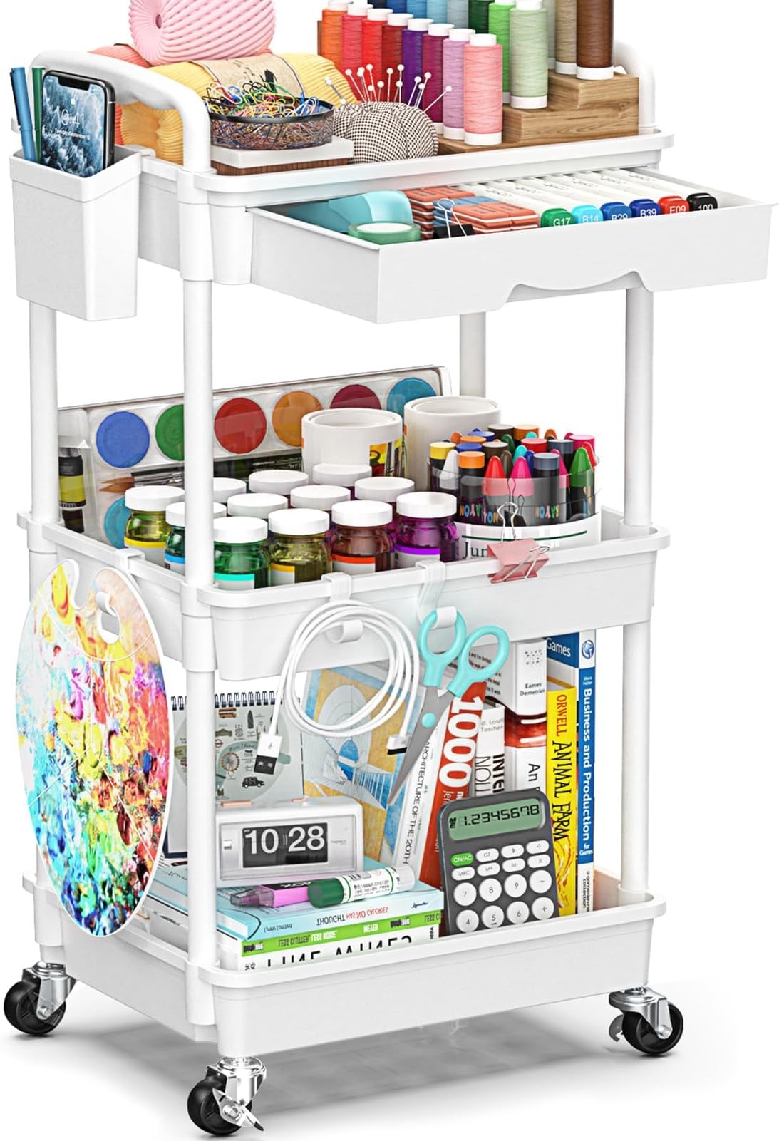 Sywhitta 3-Tier Plastic Rolling Utility Cart with Handle, Multi-Functional Storage Trolley for Office, Living Room, Kitchen, Movable Storage Organizer with Wheels, White