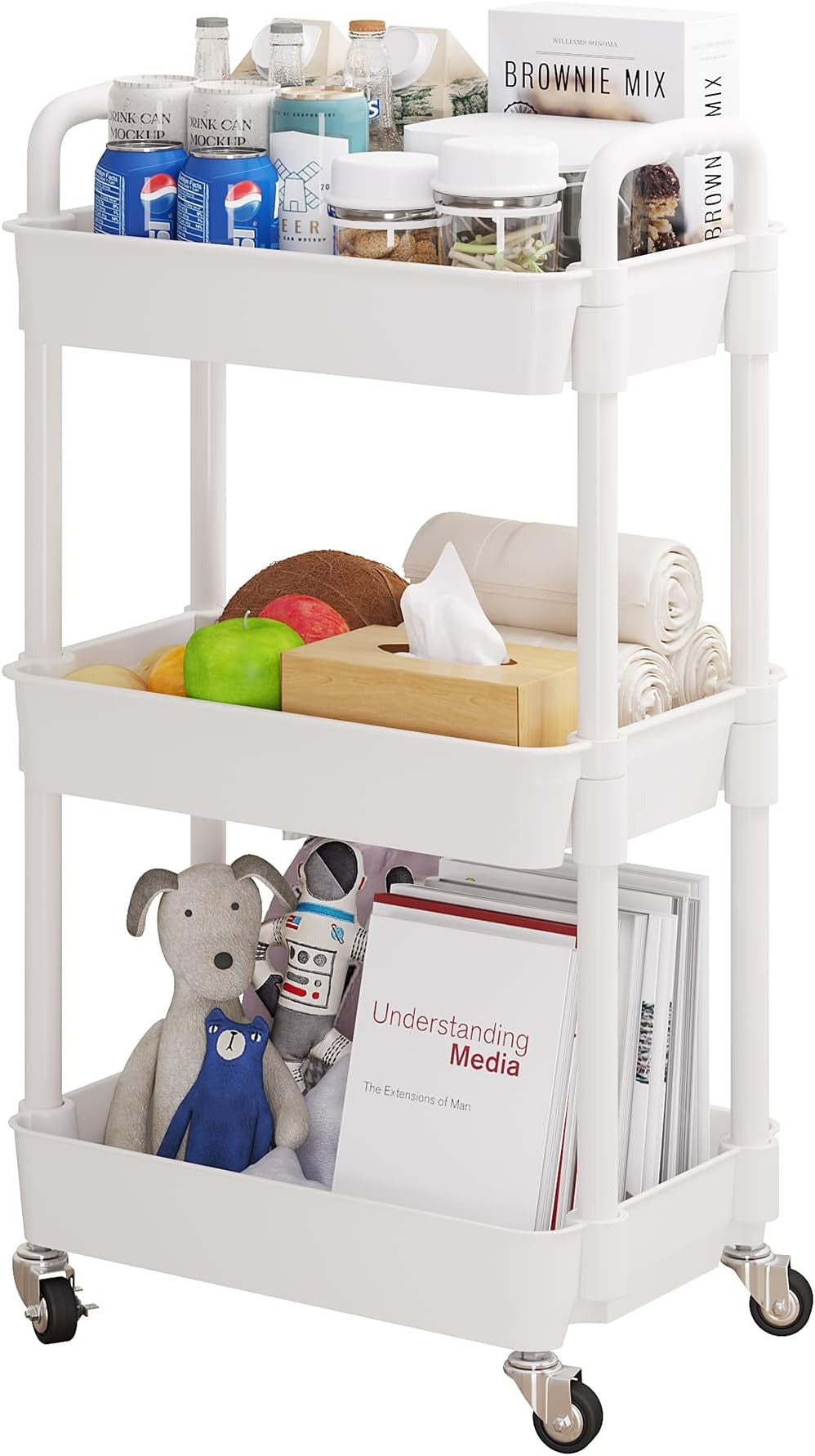Sywhitta 3-Tier Plastic Rolling Utility Cart with Handle, Multi-Functional Storage Trolley for Office, Living Room, Kitchen, Movable Storage Organizer with Wheels, White