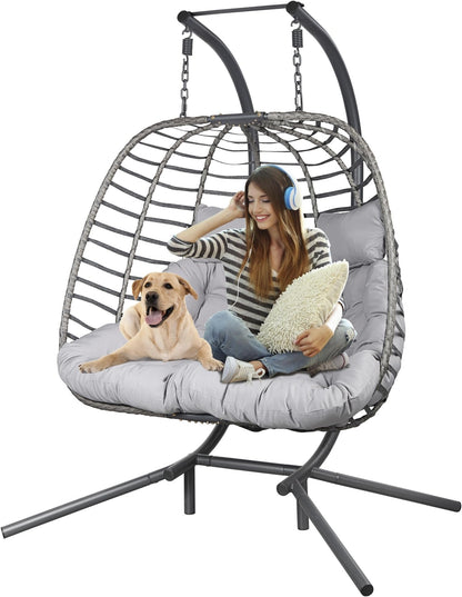 2 Person Double Egg Swing Chair with Stand Indoor Outdoor, Hammock Swing Chair Foldable Hanging Chair, Patio Wicker Hanging Egg Chair w/Cushion 700LBS Capacity for Bedroom, Balcony, Garden, Blue