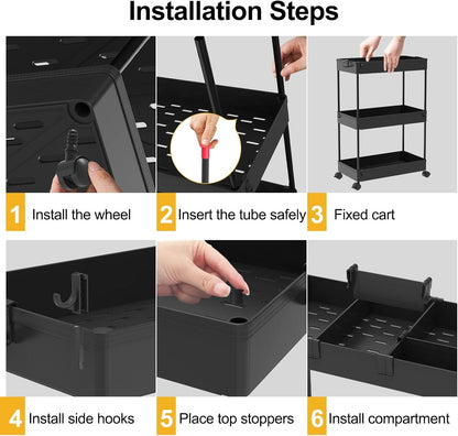 Slim Storage Cart 3 Tier,Bathroom Organizer Rolling Utility,Mobile Shelving Unit Slide Out for Office, Kitchen, Laundry Room & Narrow Places,Black