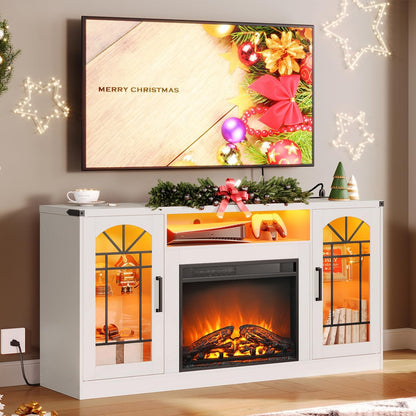 Fireplace TV Stand with Power Outlets and LED Light, Entertainment Center for 45/50/55/60/65 inch TVs, TV Stand with Fireplace for Living Room, Glass Doors, White