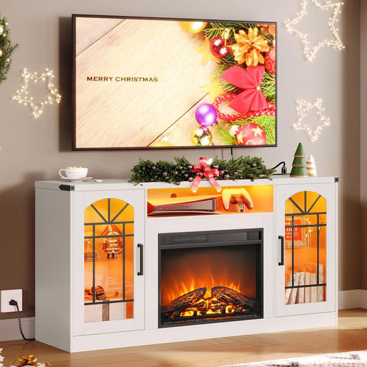 Fireplace TV Stand with Power Outlets and LED Light, Entertainment Center for 45/50/55/60/65 inch TVs, TV Stand with Fireplace for Living Room, Glass Doors, White