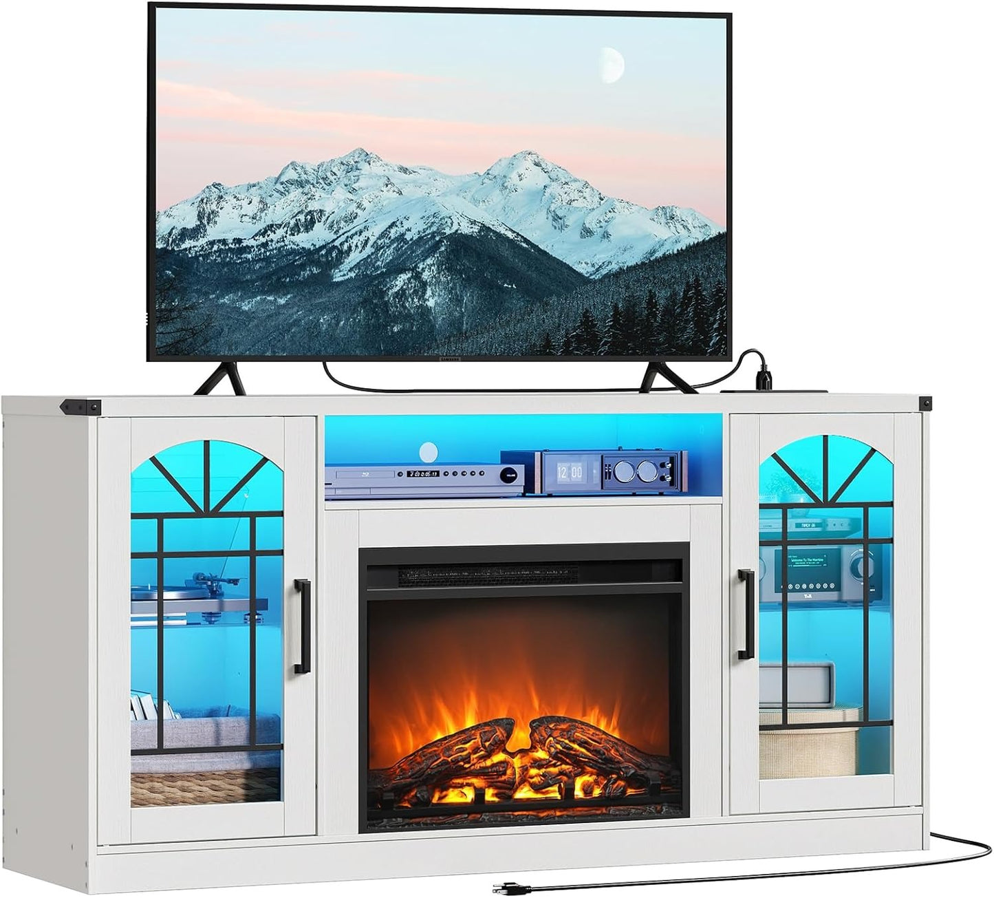 Fireplace TV Stand with Power Outlets and LED Light, Entertainment Center for 45/50/55/60/65 inch TVs, TV Stand with Fireplace for Living Room, Glass Doors, White