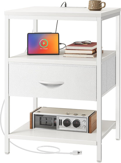 SUPERJARE Nightstand with Charging Station, Bed Side Table with Adjustable Fabric Drawer, Night Stand for Bedroom, 3-Tier Storage End Table, for Living Room, Rustic Brown and Black