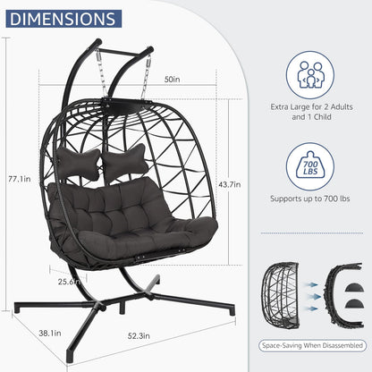2 Person Double Egg Swing Chair with Stand Indoor Outdoor, Hammock Swing Chair Foldable Hanging Chair, Patio Wicker Hanging Egg Chair w/Cushion 700LBS Capacity for Bedroom, Balcony, Garden, Blue