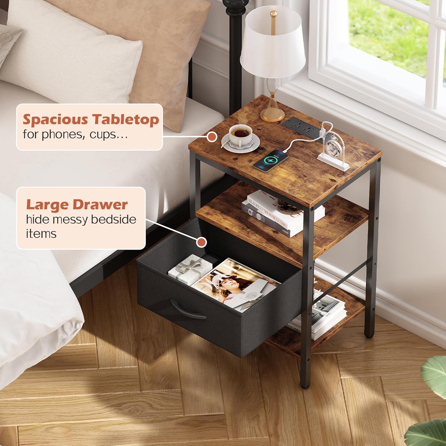 SUPERJARE Nightstand with Charging Station, Bed Side Table with Adjustable Fabric Drawer, Night Stand for Bedroom, 3-Tier Storage End Table, for Living Room, Rustic Brown and Black
