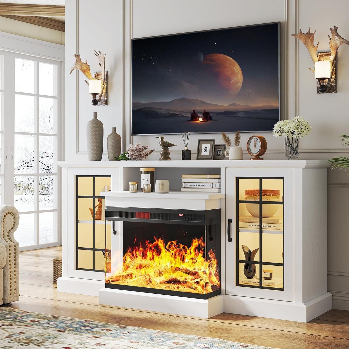 Fireplace TV Stand with Power Outlets and LED Light, Entertainment Center for 45/50/55/60/65 inch TVs, TV Stand with Fireplace for Living Room, Glass Doors, White