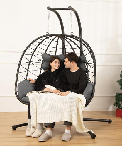 2 Person Double Egg Swing Chair with Stand Indoor Outdoor, Hammock Swing Chair Foldable Hanging Chair, Patio Wicker Hanging Egg Chair w/Cushion 700LBS Capacity for Bedroom, Balcony, Garden, Blue