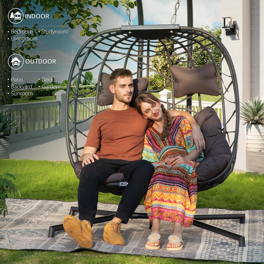 2 Person Double Egg Swing Chair with Stand Indoor Outdoor, Hammock Swing Chair Foldable Hanging Chair, Patio Wicker Hanging Egg Chair w/Cushion 700LBS Capacity for Bedroom, Balcony, Garden, Blue