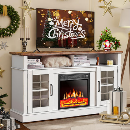 Fireplace TV Stand with Power Outlets and LED Light, Entertainment Center for 45/50/55/60/65 inch TVs, TV Stand with Fireplace for Living Room, Glass Doors, White
