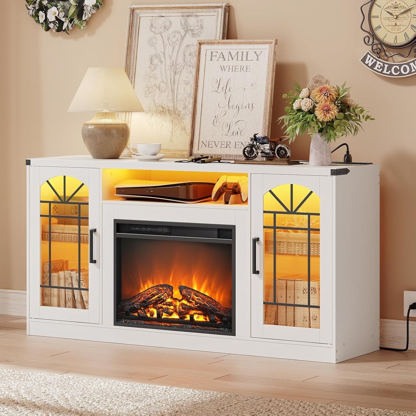 Fireplace TV Stand with Power Outlets and LED Light, Entertainment Center for 45/50/55/60/65 inch TVs, TV Stand with Fireplace for Living Room, Glass Doors, White