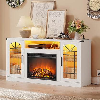 Fireplace TV Stand with Power Outlets and LED Light, Entertainment Center for 45/50/55/60/65 inch TVs, TV Stand with Fireplace for Living Room, Glass Doors, White