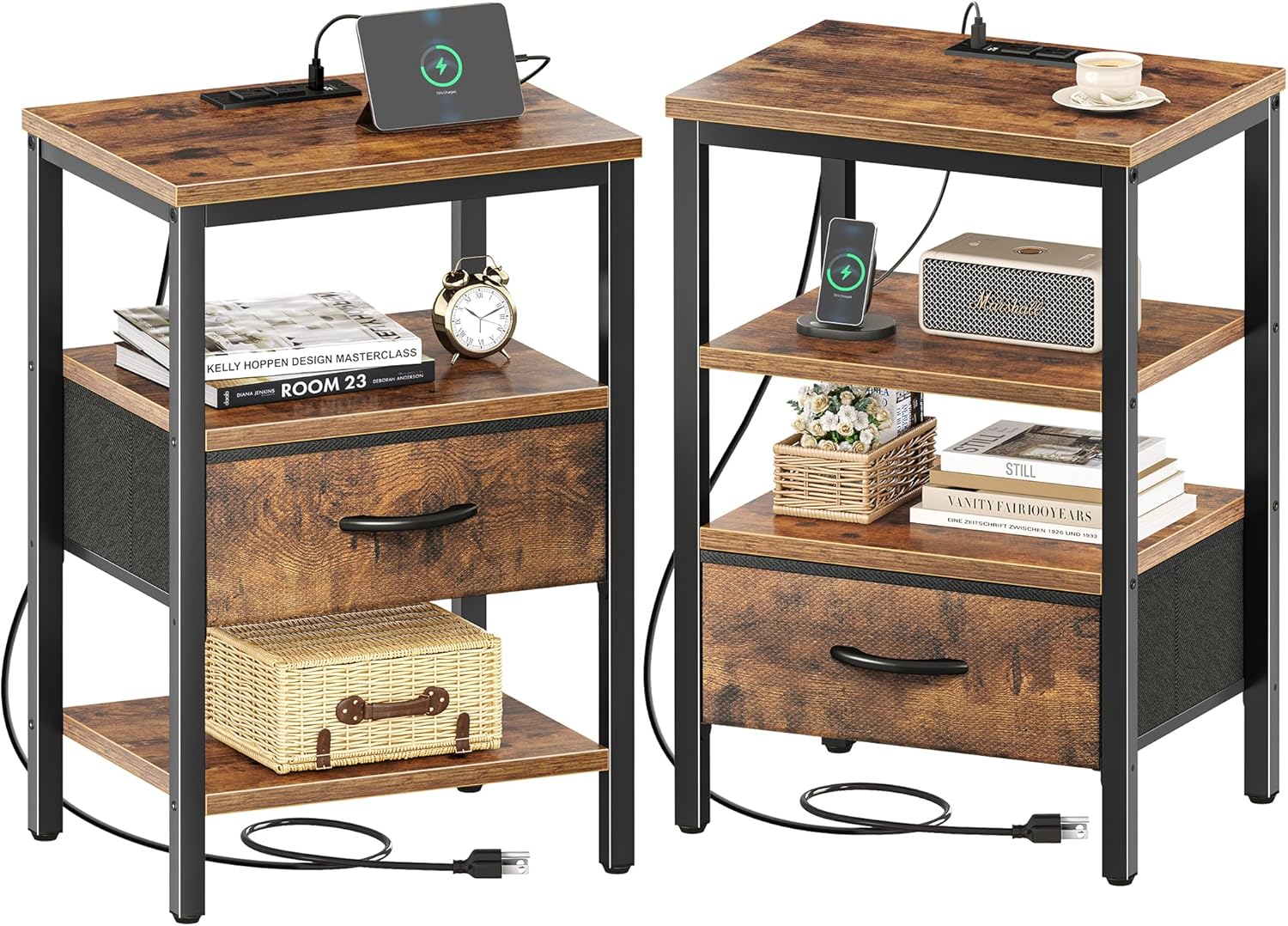SUPERJARE Nightstand with Charging Station, Bed Side Table with Adjustable Fabric Drawer, Night Stand for Bedroom, 3-Tier Storage End Table, for Living Room, Rustic Brown and Black