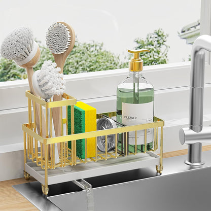 Cisily Black Sponge Holder for Kitchen Sink, Sink Caddy Organizer with High Brush Holder, Kitchen Countertop Organizers and Storage Essentials, Rustproof 304 Stainless Steel, Soap Dispenser Organize