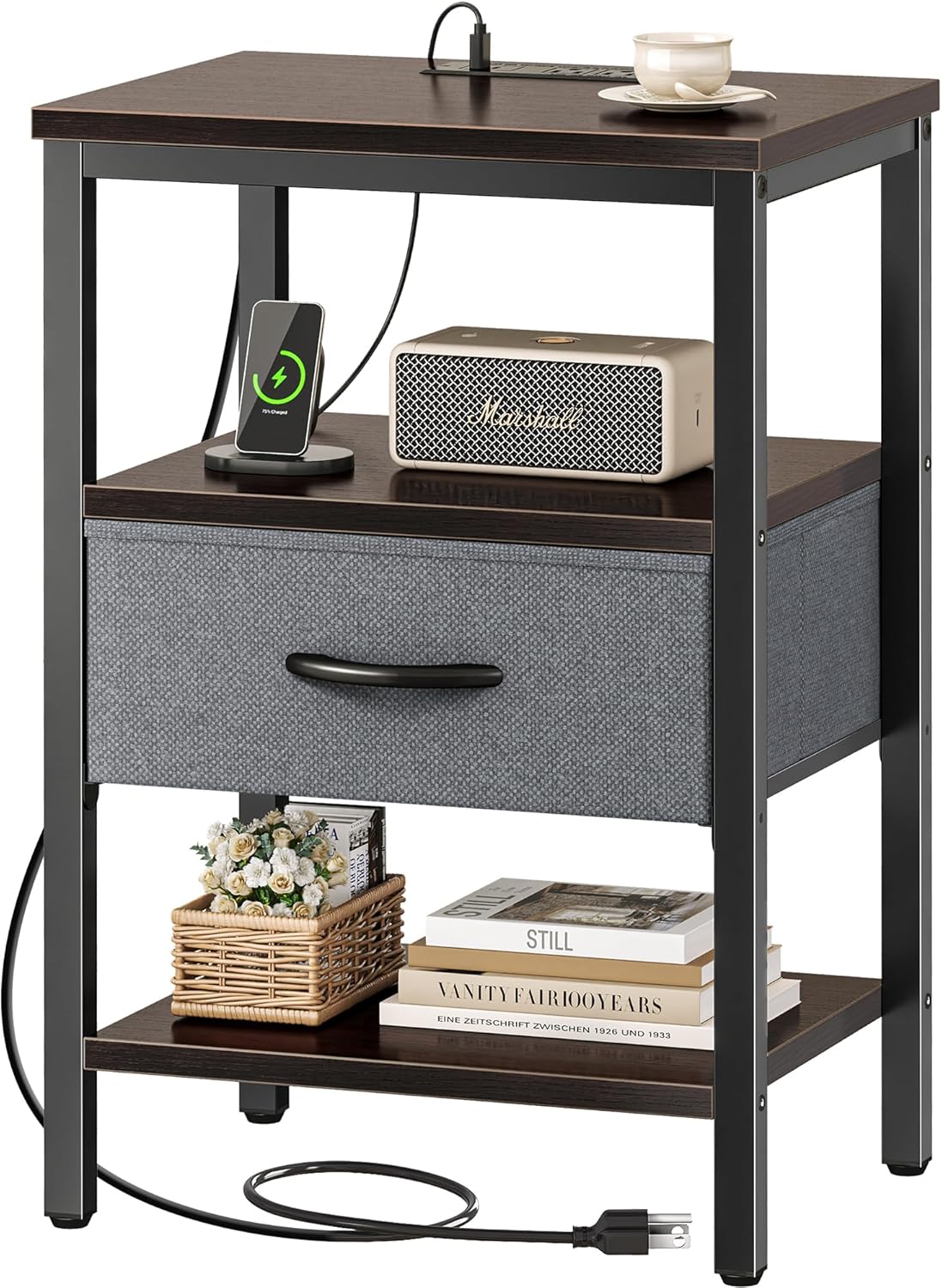 SUPERJARE Nightstand with Charging Station, Bed Side Table with Adjustable Fabric Drawer, Night Stand for Bedroom, 3-Tier Storage End Table, for Living Room, Rustic Brown and Black